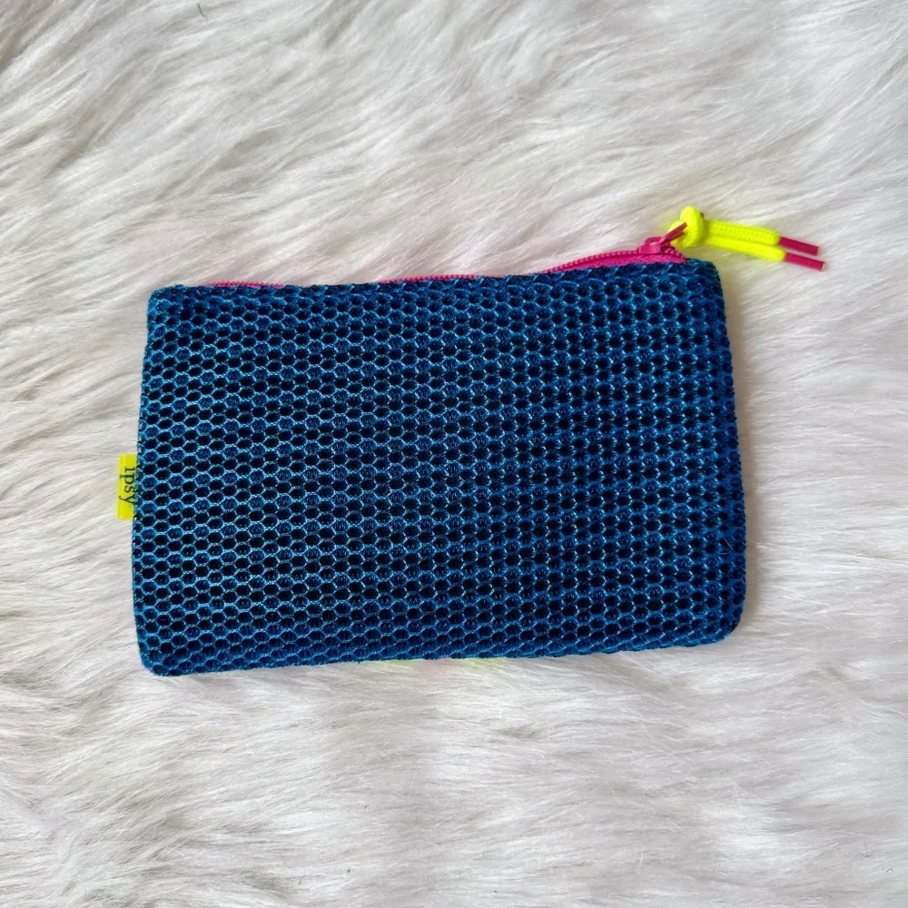 Ipsy Neon Mesh Zipper‎ Makeup Bag Blue Pink